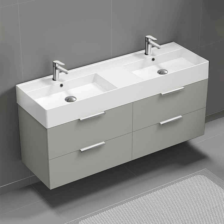 Nameeks DERIN239 Double Bathroom Vanity, Floating, 56 Inch, Grey Mist